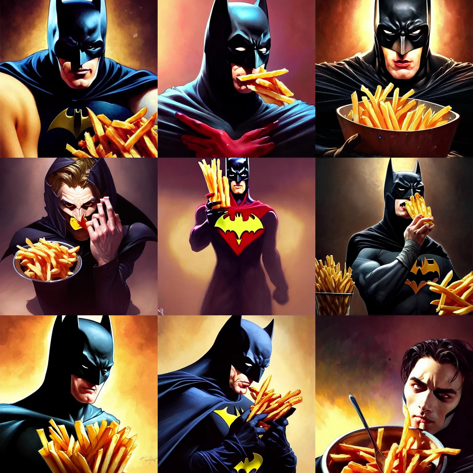 Prompt: beautiful painting of confused batman eating french fries, highly detailed, digital painting, dramatic lighting, artstation, concept art, sharp focus, illustration, art by artgerm and greg rutkowski and alphonse mucha