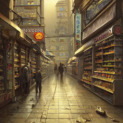 Prompt: A fantasycore very highly detailed convenience store with very highly detailed 2099 portugal lisbon on the street of a very highly detailed eldritch city digital rational painting art by Greg Rutkowski, sci-fi highly detailed, digital concept art, Dimensional cyan gold natural light, sharp focus, Golden Ratio illustration, realistic concept art by Eta Cru and James Gurney and Donato Giancola, Ghost in the Shell rendered in Octane Render, From the distance