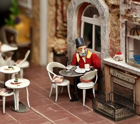 Image similar to macro photo, diorama of a miniature french restaurant for mice, interior