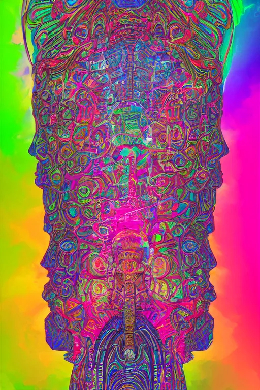 Image similar to a detailed digital neon illustration of the burningman statue in the style of Alex Grey, lisa frank, beeple, dan mumford. maya render, trending on artstation, greg rutkowski very coherent symmetrical artwork, psychedelic, fantasy, 8k, ornate, intricate, symmetry, cinematic, hyper realism, high detail, octane render, 8k, iridescent accents