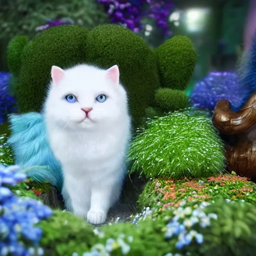 Prompt: hyperrealistic image of fun, fluffy white cat with blue and green eyes, in a fairy garden, stunning 3 d render inspired art by greg rutkowski and xiang duan, pixar and disney, perfect facial symmetry, realistic, highly detailed attributes and atmosphere, dim volumetric cinematic lighting, 8 k octane detailed render, post - processing, masterpiece