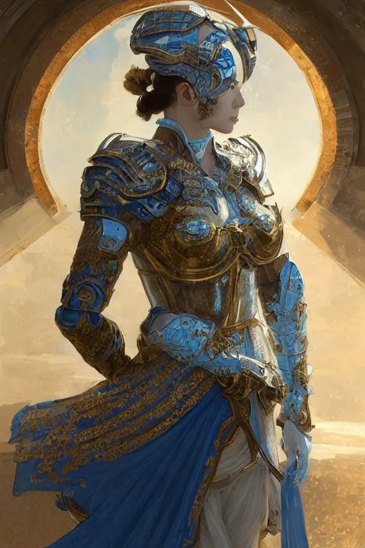 Image similar to portrait knights of Zodiac girl, Chinese Blue and white porcelain color reflected armor, in ruined Agora of Athens, ssci-fi, fantasy, intricate, very very beautiful, elegant, golden light, highly detailed, digital painting, artstation, concept art, smooth, sharp focus, illustration, art by tian zi and WLOP and alphonse mucha