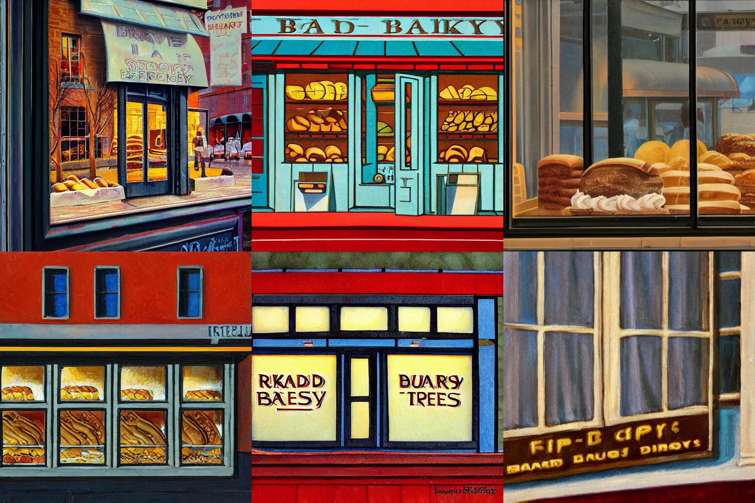 Prompt: close-up, front of bakery window by Richard Estes, highly detailed with reflections of street