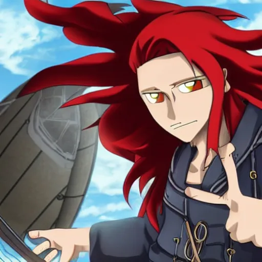 Image similar to male sky-pirate with long red hair and red beard in front of an airship, full metal alchemist, anime style