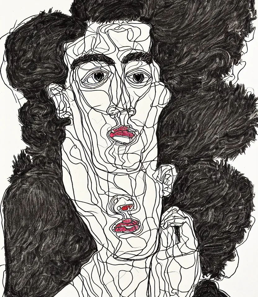 Image similar to detailed line art portrait of paul gaughin, inspired by egon schiele. caricatural, minimalist, bold contour lines, musicality, soft twirls curls and curves, confident personality, raw emotion