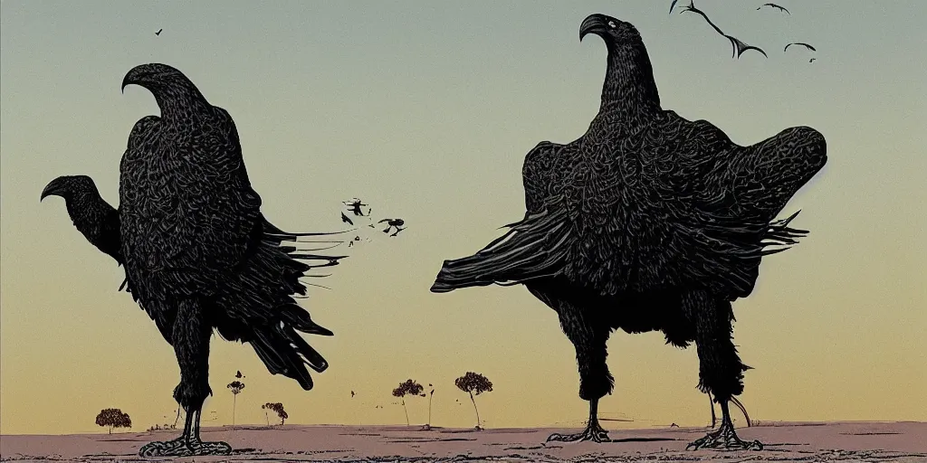 Image similar to weird west, giant crow blocking out the sun, desaturated delicate illustration by moebius jean giraud