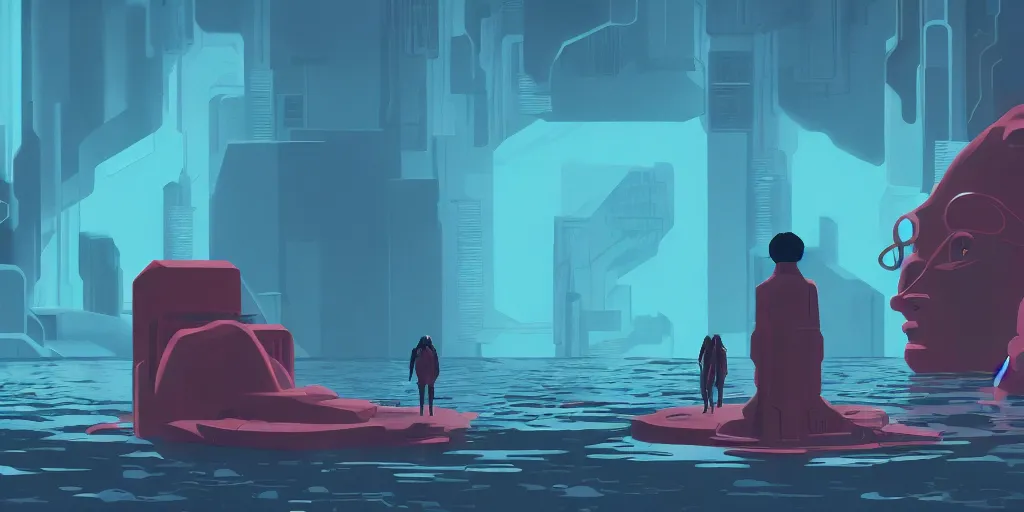 Prompt: sci - fi, matte gouache illustration, gigantic cat speaking to floating women in the air, underwater, cubes of ice around, a lot of tears, people crying, ominous, style by moebius and satoshi kon, full - shot, 8 k