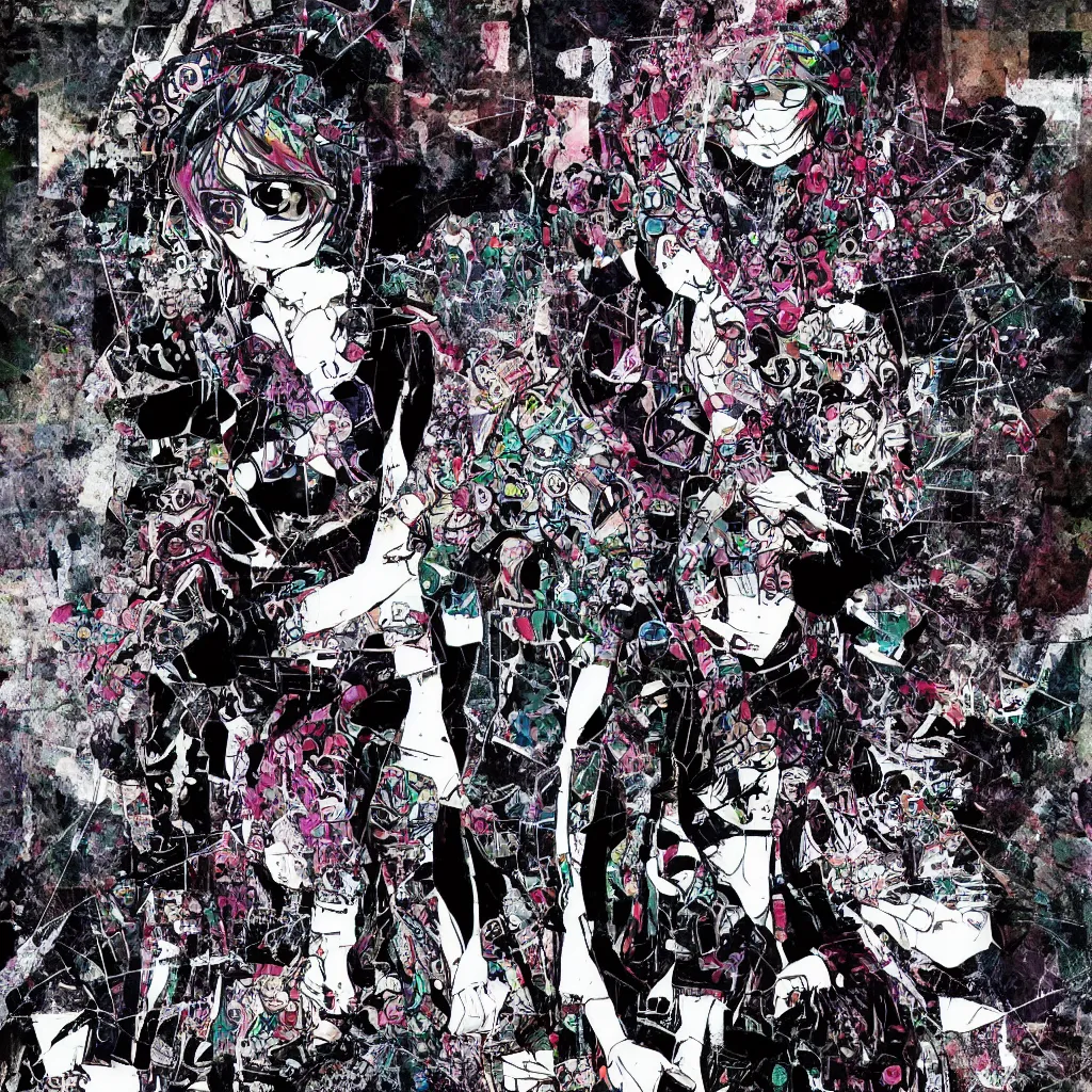 Image similar to girl figure, abstract, jet set radio artwork, ryuta ueda artwork, cryptic, rips, spots, asymmetry, stipple, lines, glitches, color tearing, pitch bending, stripes, dark, ominous, eerie, hearts, minimal, points, otomo katsuhiro artwork, technical, natsumi mukai artwrok, folds