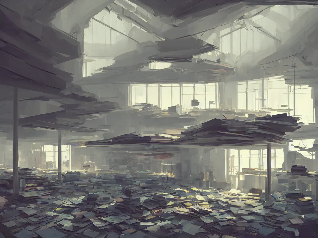 Image similar to a a huge room with large stacks of paper and files in a painting from stalenhag, 4 k, 8 k, hdr, artstation, concept art