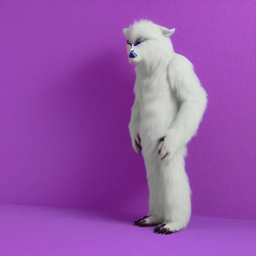 Image similar to a photo of a white fur monster standing in a purple room, cinema 4 d, octane render, 3 d