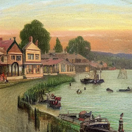 Prompt: realistic Portrait of a victorian town near a lake. Colour, Detailed.