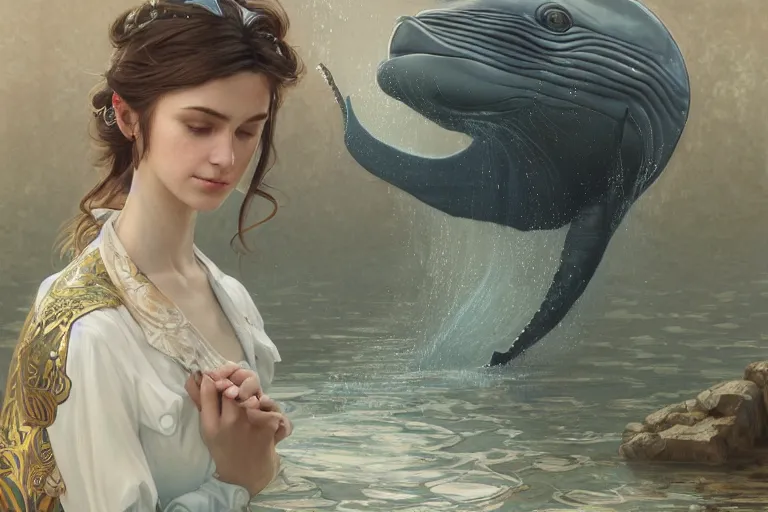 Prompt: painting of under the water, wearing beautiful clothes, hyper detailed cg rendering of a cute girl and whale, elegant, highly detailed, digital painting, artstation, concept art, smooth, sharp focus, illustration, art by artgerm and greg rutkowski and alphonse mucha, 8 k