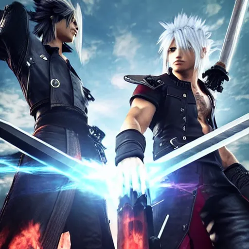 Image similar to Dante from Devil May Cry 5 and Cloud Strife from Final Fantasy VII Remake fighting each other with their swords, fantasy, shot on iphone, hyperrealism 8k,
