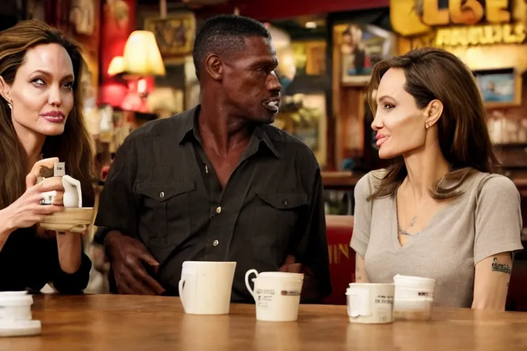 Prompt: angelina jolie and the predator, best friends, drinking coffee at central perk, still photo, hyperrealistic, 35mm, 8k, by weta digital