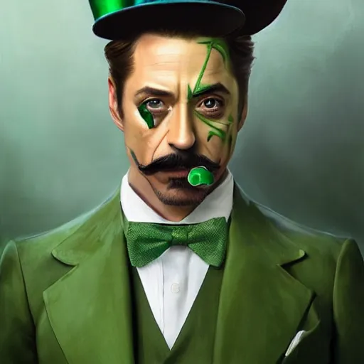 Prompt: hyper realistic portrait painting, beautifully rendered, robert downey jr. as dapper fancy luigi, moustache, wearing a green top hat, green suit and bowtie, smirking deviously, painted by greg rutkowski, wlop, artgerm, dishonored 2