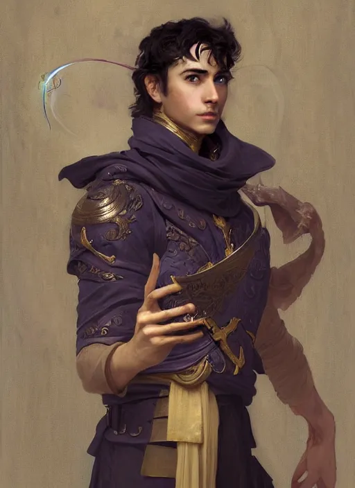 Prompt: character concept portrait of an attractive young princely Spanish wizard with golden skin enchanting a mutilating curse, a floating iridescent spell book in the center, intricate, elegant, digital painting, concept art, smooth, sharp focus, illustration, from Metal Gear, by Ruan Jia and Mandy Jurgens and William-Adolphe Bouguereau, Artgerm