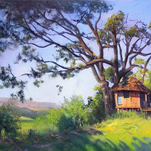 Image similar to treehouse in the countryside on a sunny day, peaceful, dreamy, brush strokes, oil painting