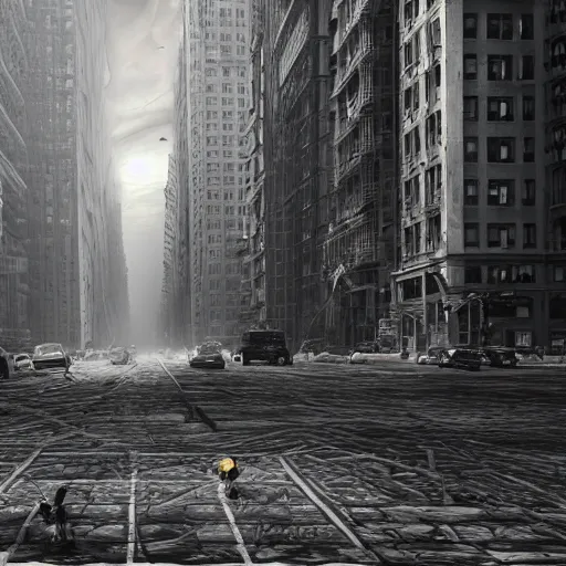 Prompt: a gigantic creature crawling into the streets of contemporary New York City, Large horror landscape, high detail, apocalypse, liminal space, volumetric lighting, hyperrealistic character, zbrush, cg art, 3dscan, haunting atmosphere, Artstand, 8k