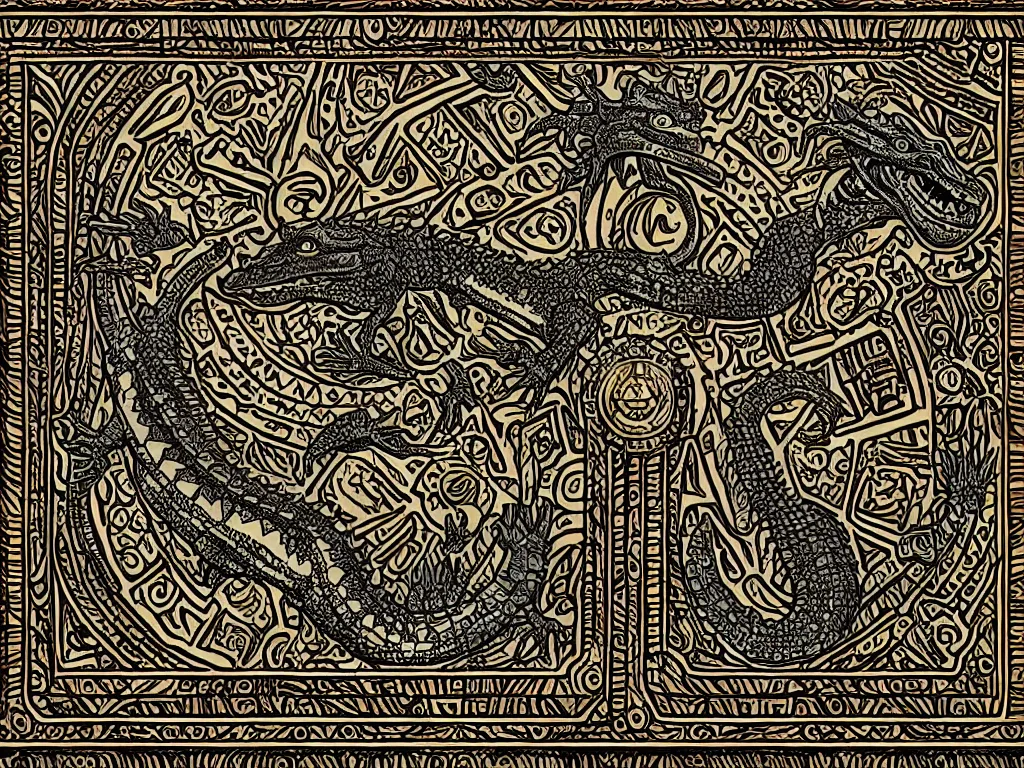 Prompt: aztec book decorative border frame, crocodile reptilian motifs, d & d, fantasy, intricate, elegant, highly detailed, digital painting, artstation, illustration, hearthstone