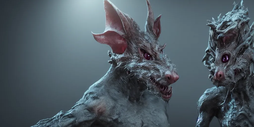 Prompt: a highly detailed photographic render of a rat man creature, horror sci-fi, horror, dark fantasy, beautifully lit, ray traced, octane 3D render, octane render, unreal engine