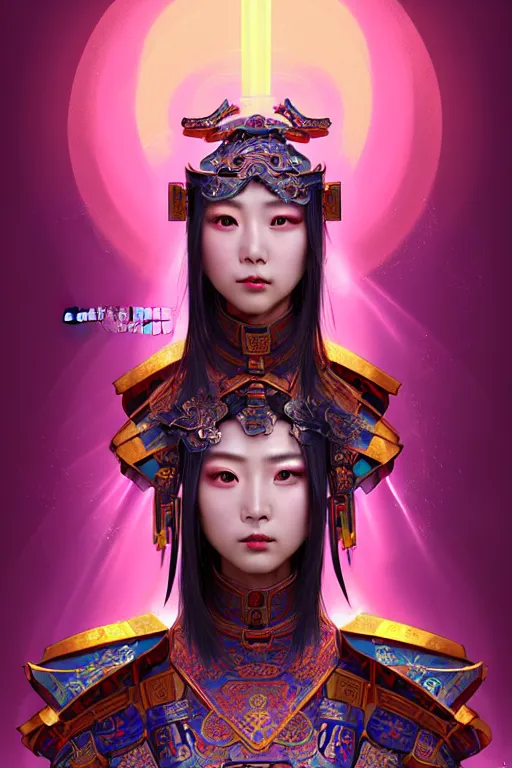 Image similar to beautiful and divine and holy and elite and colorlpunk three kingdom chinese female armor knight portrait like twice tzuyu+shinnyy eyes, ssci-fi, fantasy, neon light at chinese temple rooftop, art and illustration by tian zi and craig mullins and WLOP and alphonse mucha, fantasy, intricate complexity, human structure, human anatomy, fantasy character concept, watermark, blurry, hyperrealism 8k