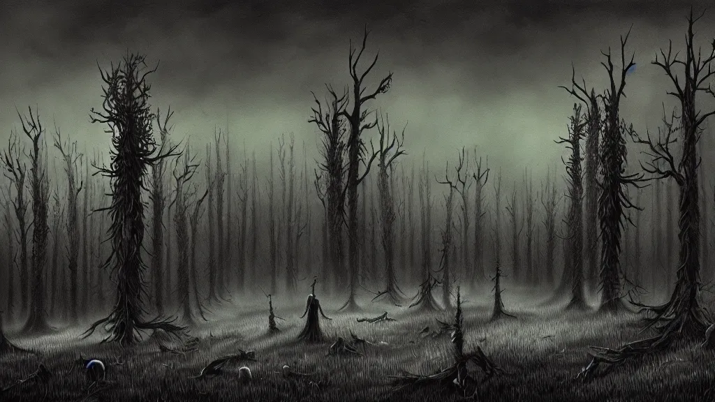 Image similar to folk horror illustration of the place with the dead pines, 8k resolution artwork, horror art, eerie, creepy, trending on artstation, painting, elaborate excellent painted illustration, smooth, sharp focus