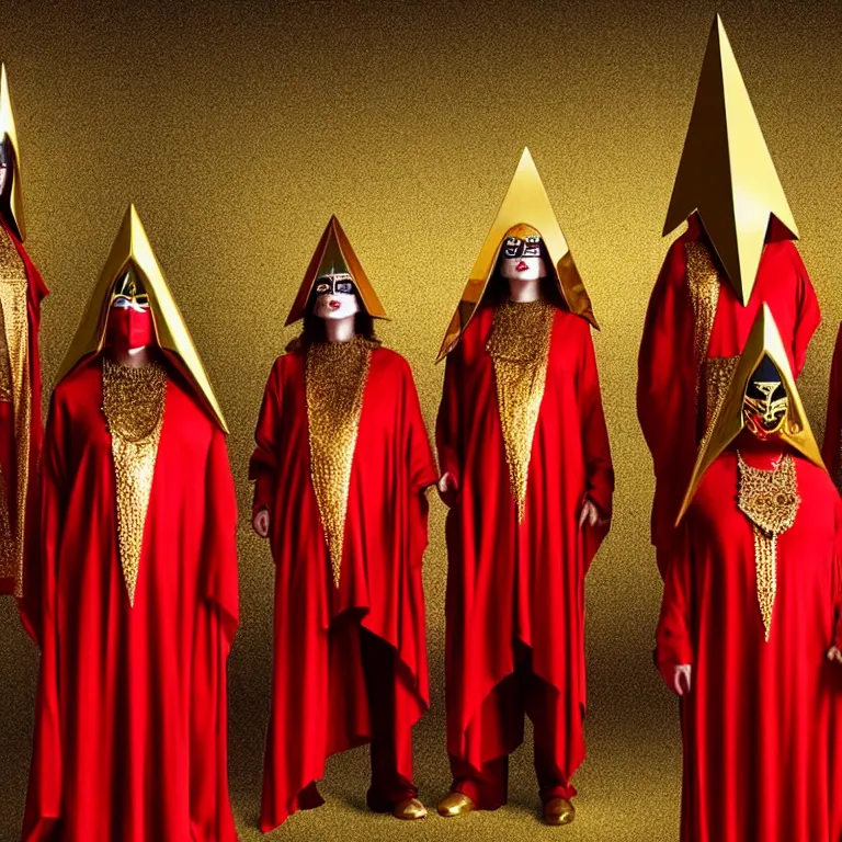 Image similar to members of esoteric cult standing next to inverted pyramids, ektachrome hyper realistic and detailed, wear heavy red ornemental costumes and elongate gold masks and jewels