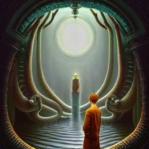 Image similar to hyperreal ultra detailed hypnagogic recollections from the waters of the unconscious, a 3 d psychopomp watching on, a man's face, a mirror, a doorway threshold, a huge snake, smooth, sharp focus, global illumination, ornate, art by shaun tan and daniel merriam and dan mumford octane render