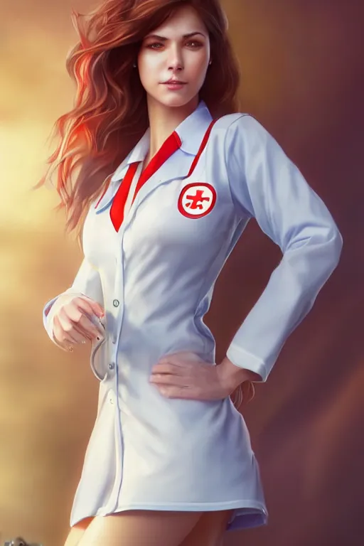 Prompt: full body photo of a gorgeous young woman wearing a nurse outfit in the style of stefan kostic, realistic, sharp focus, 8k high definition, insanely detailed, intricate, elegant, art by stanley lau and artgerm