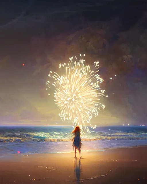 Prompt: beach blue fireworks, intricate, lens flare, bloom, sharp focus, illustration, highly detailed, digital painting, concept art, matte, art by ruan jia and wlop and greg rutkowski, masterpiece