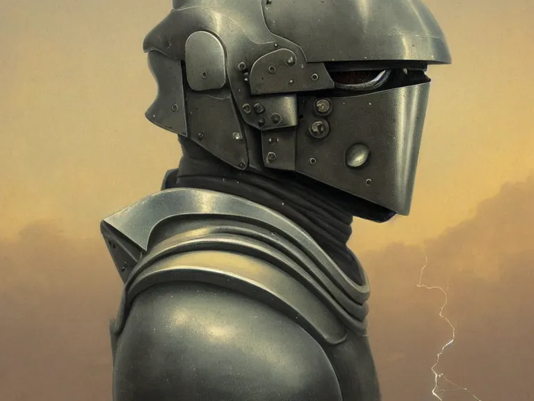 Prompt: a detailed profile portrait painting of a bounty hunter in brushed metal and cloth armour and visor. Fencing. cinematic sci-fi poster. Cloth and metal. Welding, fire, flames, samurai Flight suit, accurate anatomy portrait symmetrical and science fiction theme with lightning, aurora lighting clouds and stars. Clean and minimal design by beksinski carl spitzweg giger and tuomas korpi. baroque elements. baroque element. intricate artwork by caravaggio. Oil painting. Trending on artstation. 8k