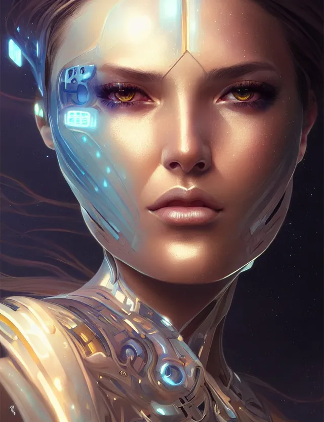 Image similar to futuristic woman portrait, sci-fi, amber eyes, face, long hair, fantasy, intricate, elegant, highly detailed, digital painting, artstation, concept art, smooth, sharp focus, illustration, art by artgerm and greg rutkowski and alphonse mucha