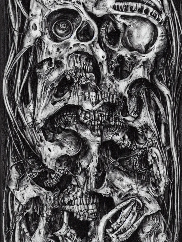 Image similar to Hyper-realistic black and white Valentine's Day card made of big skulls and big bones by H.R. Giger