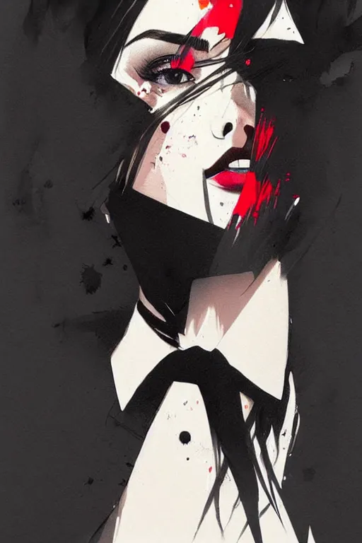 Image similar to a ultradetailed beautiful panting of a stylish woman wearing a shirt with a tie, she has black hair, by conrad roset, greg rutkowski and makoto shinkai, trending on artstation