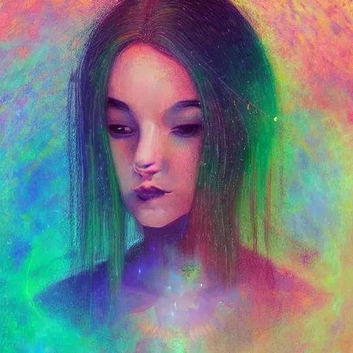 Image similar to beautiful detailed artistic portrait of a person travelling between different astral planes. grainy and rough. fine detail. soft colour scheme. artistic painting by lurid ( 2 0 2 2 ). featured on deviantart.