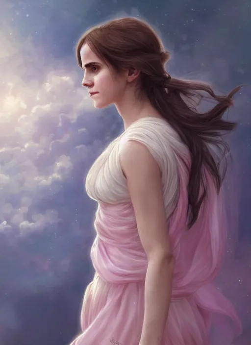 Image similar to emma watson as nature magic celestial turned away, long hair, soft pink and white transparent cloth, space, D&D, shiny background, intricate, elegant, highly detailed, digital painting, artstation, concept art, smooth, sharp focus, illustration, artgerm, bouguereau