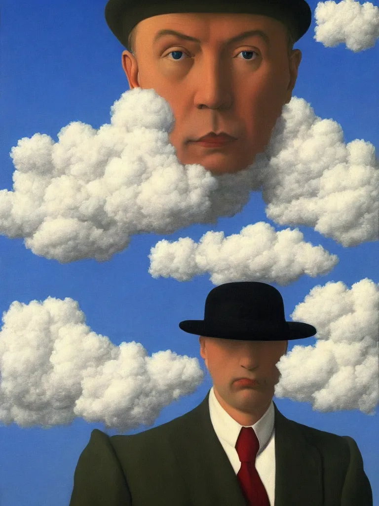 Image similar to portrait of a cloud man by rene magritte, detailed painting, hd, hq, high resolution, high detail, 4 k, 8 k