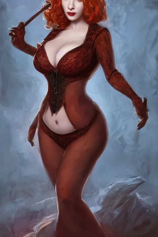 Image similar to frontal standing pose portrait of Christina Hendricks as a sensual Sabrina the Teenager Witch, very beautiful young woman, ginger straight hair, Victorian-era push-up underwire. Intricate, concept art, magic mystique imagery themed, D&D!, fantasy style, sharp focus!, ultra detailed, art by Artgerm and Peter Andrew Jones, WLUP, Magali Villeneuve