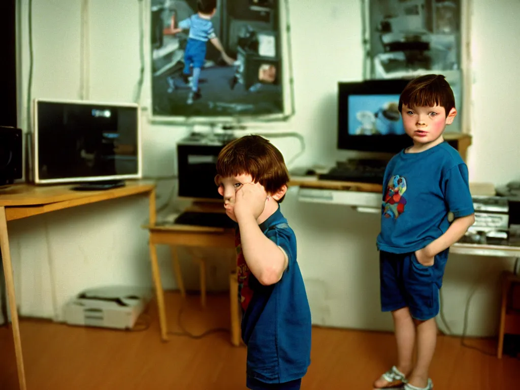 Image similar to realistic detailed image of a standing figure of a five years old boy in front of a PC computer from 90s in an old dirty soviet apartment, Photographed with Leica Summilux-M 24 mm lens, ISO 100, f/8, Portra 400, kodak film, anamorphic lenses. high quality