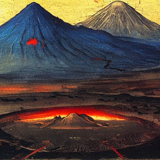 Image similar to medieval painting of Mordor with the mount doom, landscape