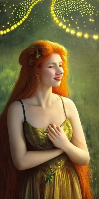 Image similar to young woman, serene smile, surrounded by golden firefly lights, full covering intricate detailed dress, amidst nature, long red hair, precise linework, accurate green eyes, small nose with freckles, beautiful smooth oval shape face, empathic, expressive emotions, dramatic lights, hyper realistic ultrafine art by artemisia gentileschi, jessica rossier, boris vallejo