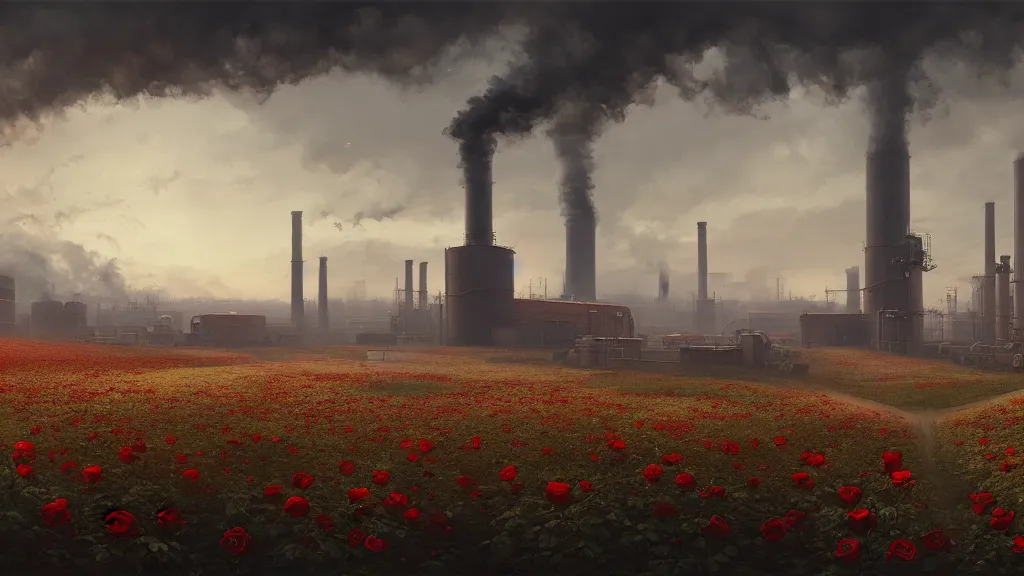 Image similar to super wide, big scene, a beautiful painting of a factory with smoking chimneys, red rose fields, dark style, little roses, very detailed, soft light effect, by thomas wrede and greg rutkowski and thomas heatherwick, 4 k hd, trending on artstation ， ultrawide viewn and highly detailed