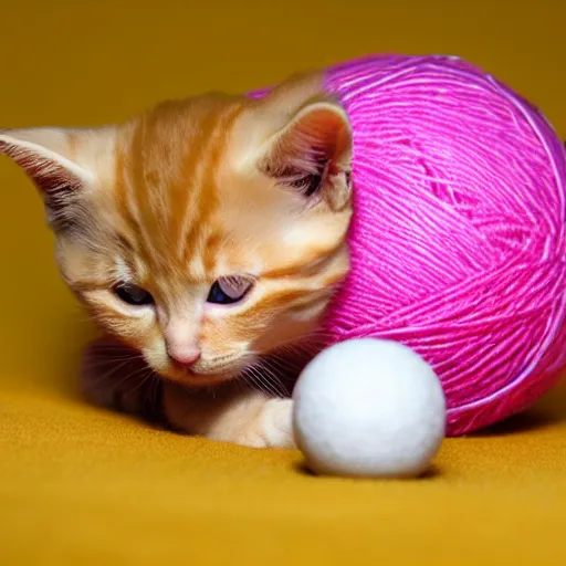 Prompt: orange tabby kitten playing with a ball of yarn, in lego, with pink background