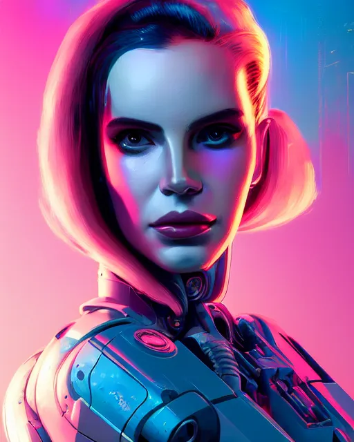 Image similar to portrait of cyborg lana del rey. intricate abstract. intricate artwork cyberpunk by tooth wu, wlop, beeple, dan mumford. octane render, trending on artstation, greg rutkowski ruan jia, cinematic lighting, hyper realism, high detail, octane render, 8 k, key art, blue and pink, iridescent accents