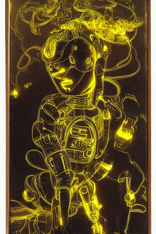 Prompt: a scene with a intricate anime figurine that looks like a transparent plastic robot with a lot of fluo colored details with yellow smoke, moody light, flemish painting