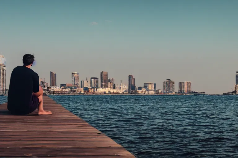 Image similar to A man sitting on a jetty, city in the background, cinematic lighting