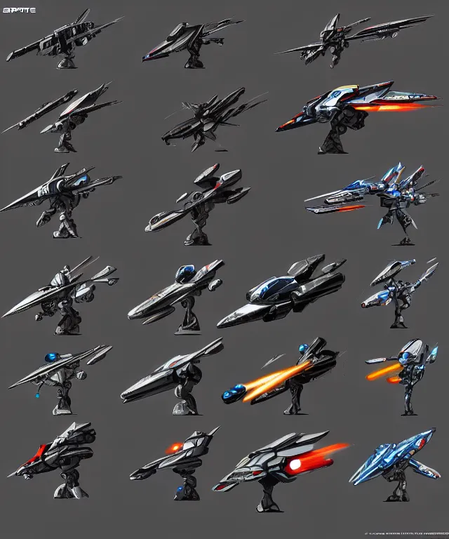 Image similar to 2 d shooter game concept art sprite sheet!!!, robotech gradius outer space concept art, hyperrealism, fine detail, 8 k, 3 d render, artstation contest winner, cgsociety, cryengine, zbrush, vray, no background