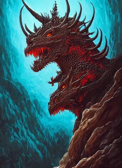 Image similar to a photographic portrait of a dragon by gustave dore and raphael lacoste and dan mumford, trending on artstation, a leopard - like sea beast, a two - horned earth beast, natural earth tone colors, cerulean blue, cyan, red