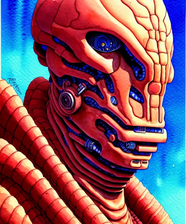 Image similar to a watercolor painting character portrait of a machine mutant in the style of jean giraud in the style of moebius trending on artstation deviantart pinterest detailed realistic hd 8 k high resolution