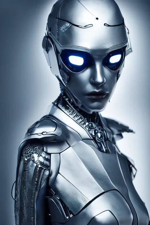 Prompt: beautifull cyberpunk woman model, wearing organic ceramic fractal armor, luxury materials, symmetrical, cinematic, elegant, professional studio light, real dlsr photography, sharp focus, 4 k, ultra hd, sense of awe, high fashion